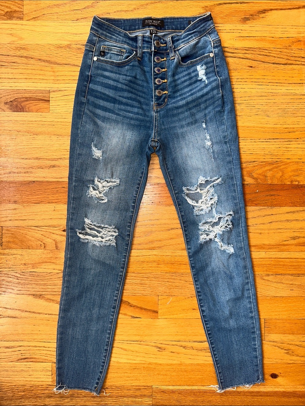 Judy Blue Dark Wash Button-Fly Distressed High-Rise Skinny Jeans - Picture 5 of 7